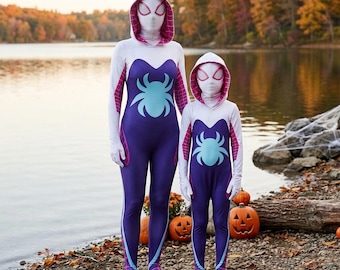 Spider Gwen Costume for Kids & Adults, Gwen Stacy Mom Daughter Costume Set, Spider Girl Halloween Suit, Spidergwen Family Cosplay Outfit