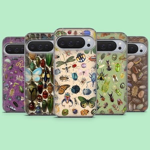 May include: Five phone cases with insect and butterfly designs. The cases feature a variety of colorful bugs and butterflies on different colored backgrounds, including purple, beige, and green. The cases are made of a clear material.