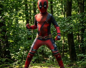 Costume di Deadpool per bambini e adulti, tuta da supereroe rossa e nera, costume cosplay Marvel, costume di Deadpool per Halloween con maschera