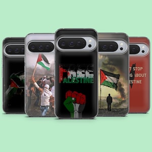 May include: A collection of phone cases with various designs. One case features the text "FREE PALESTINE" with a clenched fist. Other cases display images of the Palestinian flag and protest scenes. The cases are in black, clear, and red.