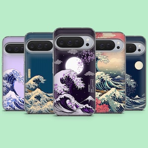 May include: Five phone cases with Japanese wave art designs. Each case features a different color scheme, including purple, navy, and a night scene with a full moon. The wave art is in shades of blue, white, and beige, with some cases also featuring red flowers.