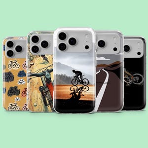 May include: A set of five phone cases with bicycle-themed designs. The cases display diverse graphics, including a cyclist on a road, a close-up of a bicycle, and repeating bicycle patterns. The cases have a clear border and a glossy finish.