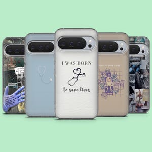 May include: A selection of phone cases with different designs. One case displays the text "I WAS BORN to save lives" alongside a stethoscope illustration. Other cases feature medical-themed imagery and quotes. The cases are in blue, white, and tan hues.