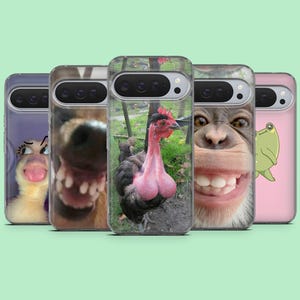 Può includere: Una collezione di custodie per telefoni con immagini ravvicinate di animali. Le custodie presentano un cane, una gallina, una scimmia e una rana. Le custodie sono in fila, ognuna con un'immagine di animale diversa.