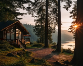 湖畔の小屋の夕日プリントアート写真、自然の日の出デジタルプリント