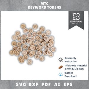 Boîte de jetons de symboles de mots-clés MTG découpés au laser Magic The Gathering | Accessoires MTG | Symboles de capacité MTG | 3 mm | 1/8 pouce