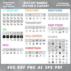 May include: A digital art bundle with 178 black outline designs, including dice sets, weather icons, emotions, transport, fast food, Halloween, games, and Christmas themes. Text includes "Compatible with Dice Maker" and file type options.