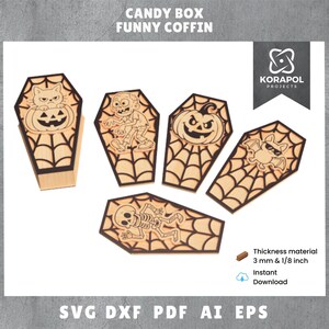 May include: Wooden coffin-shaped candy boxes with Halloween-themed designs. Each box features a different carved image: a cat with a pumpkin, a zombie, a jack-o'-lantern, a bat, and a skeleton. The text "CANDY BOX FUNNY COFFIN" is at the top.