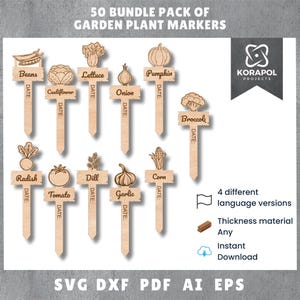 May include: A set of 50 laser-cut wooden plant markers featuring various vegetables and herbs, including beans, lettuce, pumpkin, cauliflower, onion, broccoli, radish, tomato, dill, garlic, and corn. Each marker has a space for writing the date. The markers are available in four different language versions and can be made from any thickness of material. The listing includes SVG, DXF, PDF, AI, and EPS files for instant download.