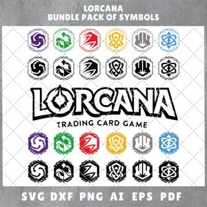 May include: A digital graphic featuring the text "LORCANA BUNDLE PACK OF SYMBOLS" and "LORCANA TRADING CARD GAME." The image includes various hexagonal symbols in multiple colors and black and white. File types include SVG, DXF, PNG, AI, EPS, and PDF.