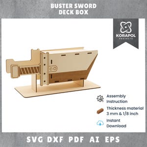Könnte beinhalten: Lasergeschnittene Holz-Buster-Sword-Deckbox mit detailliertem Design, Griff und Klinge. Der Text "BUSTER SWORD DECK BOX" steht oben. Die Materialstärke beträgt 3 mm. Enthält SVG-, DXF-, PDF-, AI- und EPS-Dateien.
