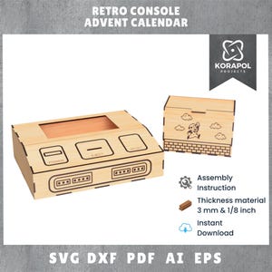 Peut inclure: Un calendrier de l'Avent en bois en forme de console rétro avec le texte "RETRO CONSOLE ADVENT CALENDAR". Le calendrier a un design rectangulaire avec une fente et des boutons "POWER", "EJECT" et "RESET". Une petite boîte avec un design Mario est également présente.