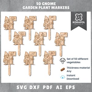 May include: Wooden garden plant markers featuring gnome characters holding vegetable signs. The set includes 50 different vegetable markers. The text on the image says "50 GNOME GARDEN PLANT MARKERS".