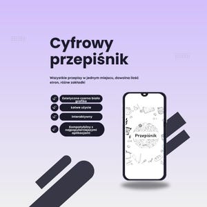 May include: A digital recipe book app mockup on a smartphone screen. The app features a black and white design with a circle of hand-drawn food and kitchen items. The text "Przepiśnik" is displayed in the center of the circle. The app is described as a digital recipe book that allows users to store all their recipes in one place, with easy navigation and multiple pages.