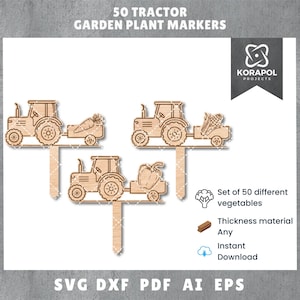 May include: Wooden garden plant markers shaped like tractors, each pulling a different vegetable. The text "50 TRACTOR GARDEN PLANT MARKERS" is at the top. The markers are designed for use in a garden.