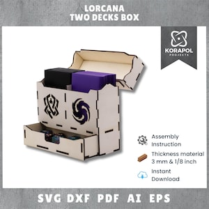 May include: A wooden box with a drawer for storing two decks of cards. The box is made of 3 mm and 1/8 inch thick wood and has a lid that opens to reveal two compartments for the cards. The box is designed for the card game "Lorcana" and features the game's logo on the front.