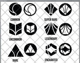 May include: Black and white symbols representing different rarities for a card game called Lorcana. The symbols include a circle, a book, a triangle, a diamond, and a pentagon.