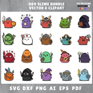 Pode incluir: Uma imagem vibrante com 20 personagens de slime de desenho animado, cada um com um traje único. O texto diz "D&D SLIME BUNDLE VECTOR & CLIPART" e "40 DESIGNS OUTLINE & COLOR". Formatos de arquivo: SVG, DXF, PNG, AI, EPS e PDF.