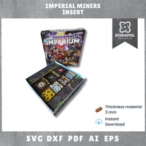Puede incluir: Un inserto de juego personalizado para el juego de mesa "Podziemne Imperium" (Imperio subterráneo). El inserto está hecho de material de 3 mm de grosor y presenta una variedad de compartimentos para guardar los componentes del juego. El inserto se muestra con la caja del juego en el fondo.