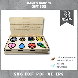 Puede incluir: Una caja de regalo de madera con la etiqueta "KANTO BADGES GIFT BOX" que contiene ocho insignias de colores. La caja tiene una tapa con bisagras con texto en el interior. Las insignias son de varias formas y colores, con contornos negros. La caja es de madera clara.