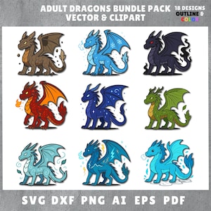 Könnte beinhalten: Eine Sammlung von neun Cartoon-Drachen-Illustrationen in verschiedenen Farben, darunter Braun, Blau, Schwarz, Rot, Grün und Hellblau. Jeder Drache hat einzigartige Flügeldesigns und Posen. Der Text oben lautet "ADULT DRAGONS BUNDLE PACK VECTOR & CLIPART". Der Text unten enthält "SVG DXF PNG AI EPS PDF".