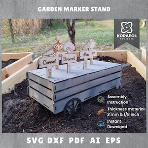 Cart Garden Markers Stand | Wheelbarrow Plant Stakes | Garden Decor | Plant pot | Garden Gift | Handcart Laser Cut File 3 mm | 1.8 inch