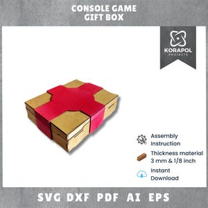 May include: A brown cardboard box with a red ribbon tied around it. The box is labeled "Console Game Gift Box" and has the logo for "Korapol Projects" on the top. The box is designed to be assembled from a laser-cut kit. The image also includes instructions for assembly, material thickness, and a download button.