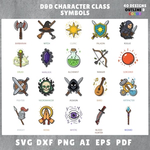 May include: A set of 20 illustrated D&D character class symbols, such as a barbarian's axe, a witch's hat, and a rogue's hooded figure. The image features the text "D&D CHARACTER CLASS SYMBOLS" and "40 DESIGNS OUTLINE & COLOR". File type options are shown below the symbols.