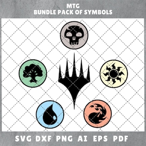 Könnte beinhalten: Ein Satz von Magic: The Gathering-Symbolen, darunter ein schwarzer Schädel, ein grüner Baum, eine gelbe Sonne, eine blaue Träne, eine rote Flamme und ein schwarzer fünfzackiger Stern.