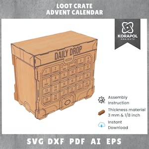 Könnte beinhalten: Ein Loot Crate Adventskalender aus Holz mit der Aufschrift "DAILY DROP". Er hat 24 nummerierte Fächer mit Bezeichnungen wie "COMMON" und "RARE". Das Bild enthält auch den Text "Assembly Instruction" und "Instant Download".