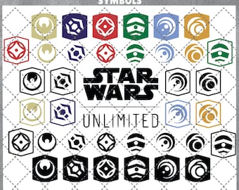May include: A set of 36 Star Wars Unlimited Aspect Symbols in various colors and black and white. The symbols are in a grid pattern and include the Star Wars logo and the words "Unlimited".