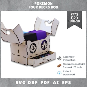 May include: A wooden box with a drawer for storing four decks of Pokemon cards. The box is made of 3 mm and 1/8 inch thick wood and has a cutout design of a leaf and a flame. The box is open and shows the inside with four decks of cards. The box is labelled "Pokemon Four Decks Box" and "KoraPol Projects".