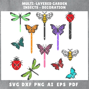 Multilayer Insects Garden Decor Stake Laser Cut SVG | Hanging | Gift | Plant Pot Marker | Tall Garden Marker | Ana Th. | PNG 300 DPI