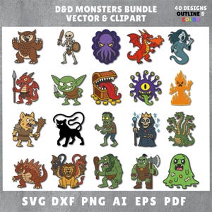 May include: A collection of 20 colorful D&D monster vector and clipart designs. The illustrations include an owl, skeleton, octopus, dragon, ghost, goblin, treasure chest, and more. The text at the top reads "D&D Monsters Bundle Vector & Clipart".