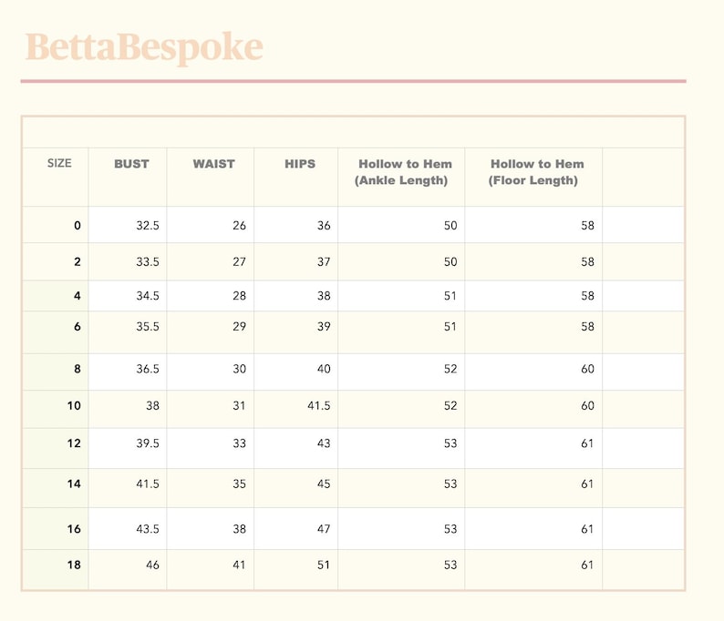 The image is a table with various sizes listed, ranging from 0 to 18, and corresponding bust, waist, hips, and ankle length measurements.