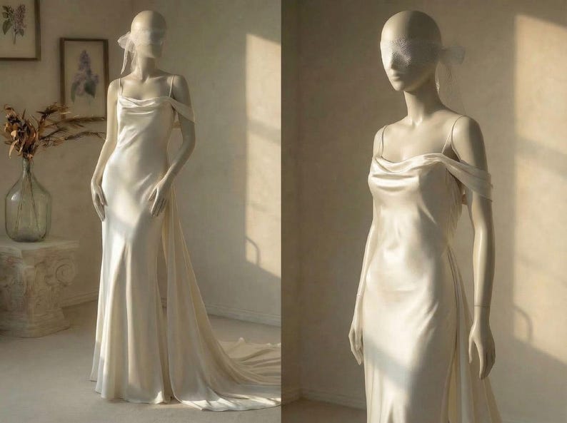 A mannequin wearing a long, flowing white wedding dress with a train, standing in a room with a vase of dried flowers and a window.