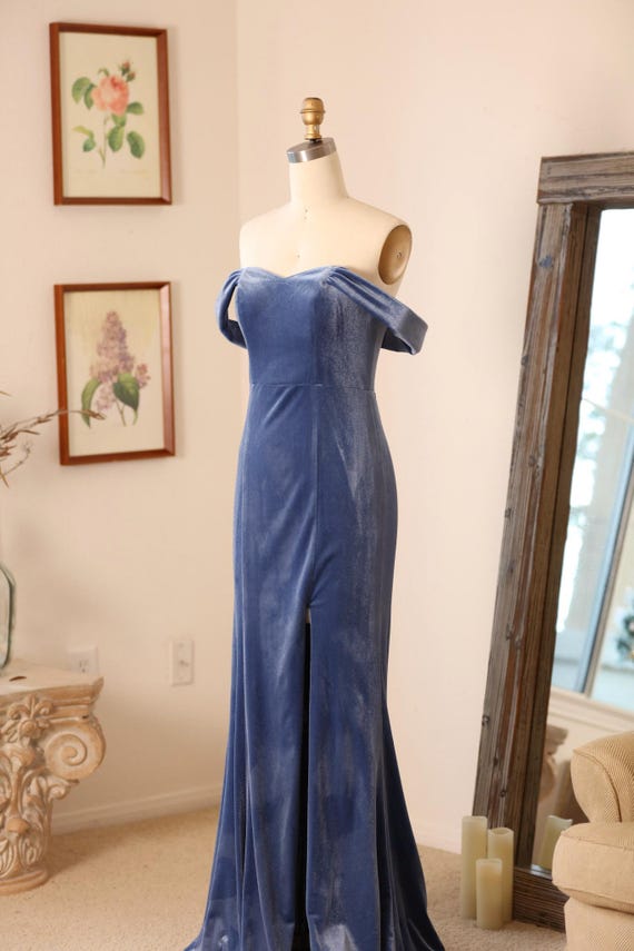 Bridesmaid Dress Velvet Dress off the Shoulder Dress With Slit -- Blue Maxi  Gown Custom Fit -(vivi) - Etsy