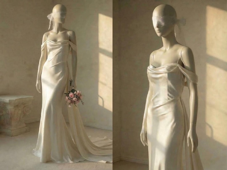 A mannequin wearing a long, flowing white wedding dress with a train, holding a bouquet of flowers.