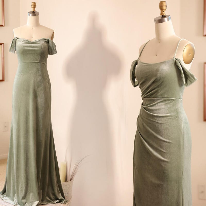 Velvet Off-Shoulder V-Cut Neck Long Sleeve Gown Lime Green main image 1