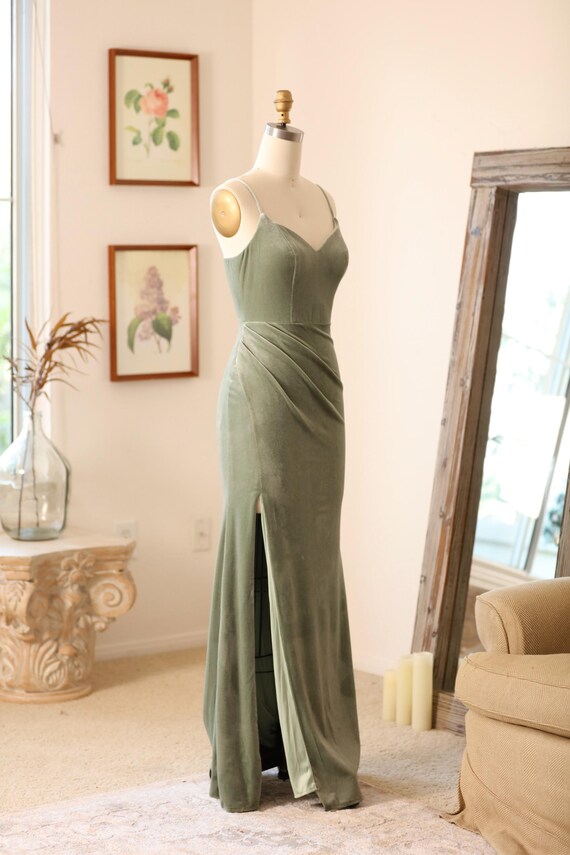 Sage Green Velvet Bridesmaid Dress Spaghetti Strap Maxi Gown with Slit, Custom Fit - Long Maxi Formal Gown --Siena
