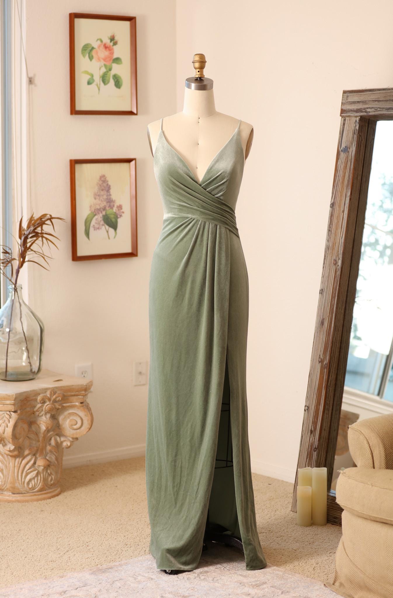 Sage Velvet Dress,Bridesmaid Dress, Sage Green Velvet Maxi Gown, Spaghetti Strap Dress, Custom Fit (ELISE)