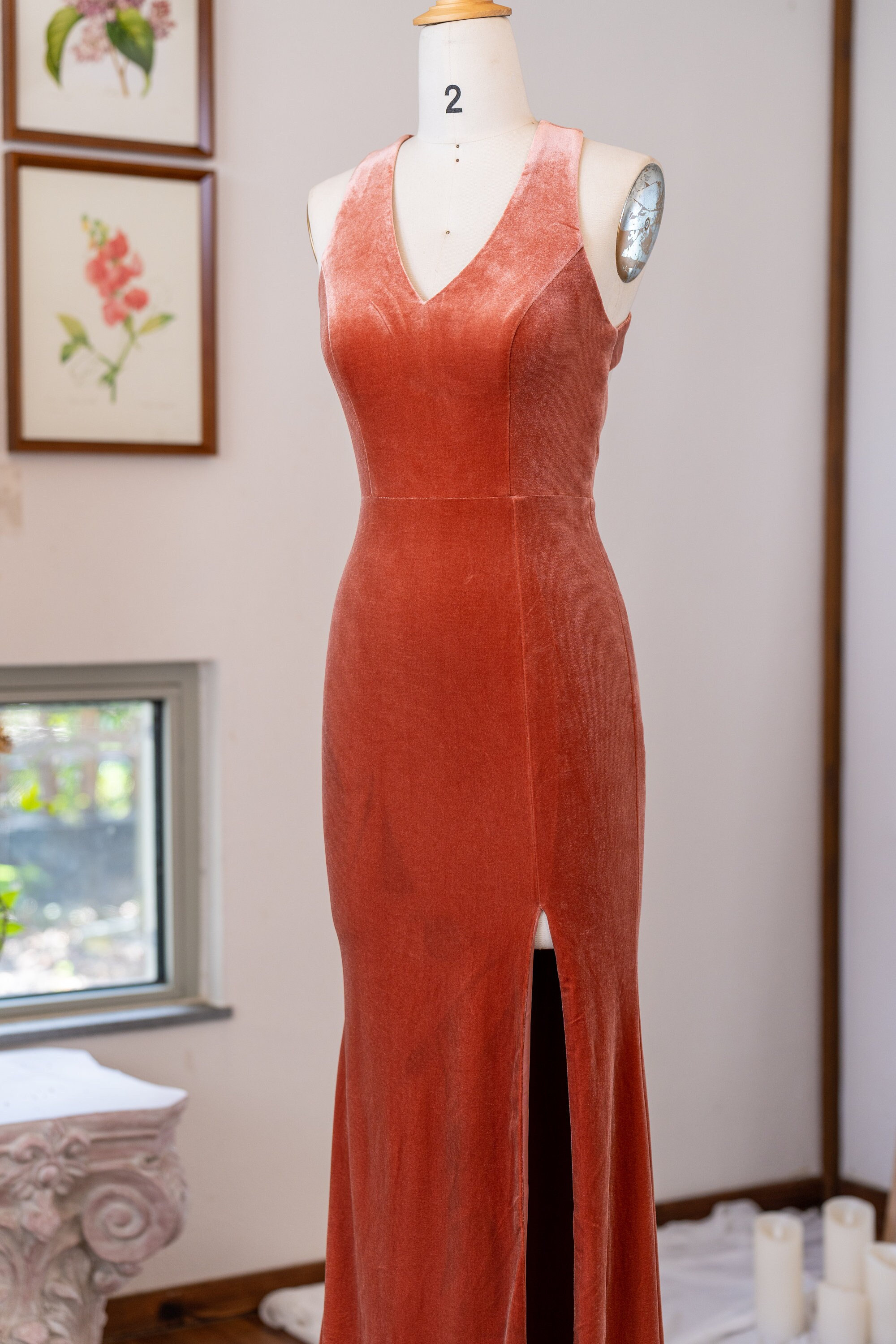 Rust Velvet Cross Back Gown - Custom Formal Dress with Slit