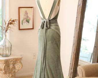 Sage Green Velvet Backless Gown – Open Back Tie Dress with Train  | Custom Floor-Length Bridesmaid or Formal Dressn(Sylvie)