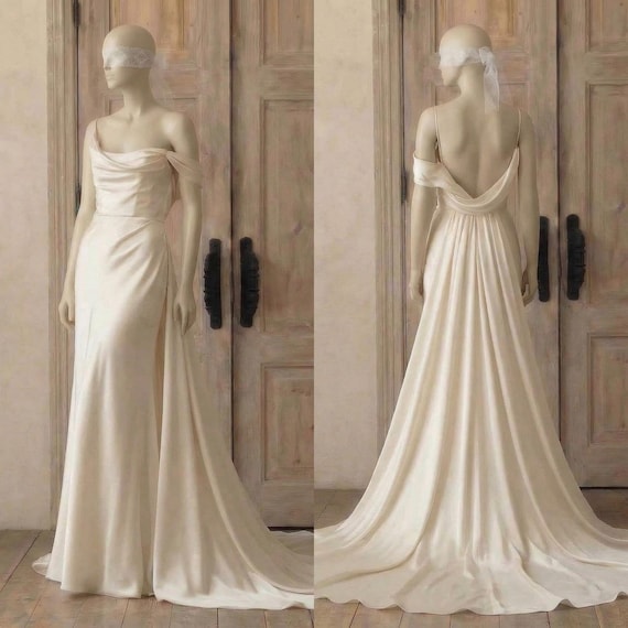 Minimalist Satin Wedding Dress, Off Shoulder, A-Line (Backless V Neck)