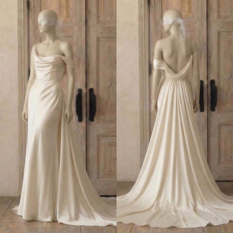 A mannequin wearing a long, off-the-shoulder white wedding dress with a flowing train, displayed in front of a wooden door.