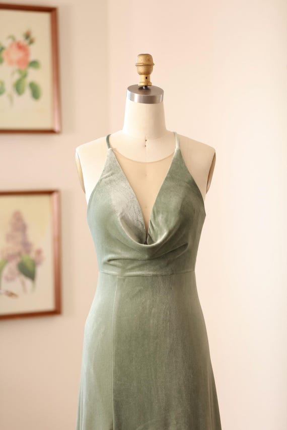 Sage Green Velvet Maxi Dress - Halter Cowl Neck, Cross Back(Veda)