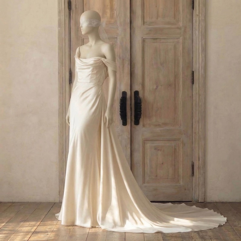 A mannequin wearing a long, off-the-shoulder white wedding dress with a flowing train stands in front of a wooden door.