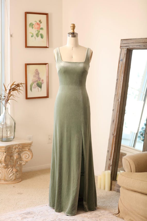 Sage Green Velvet Maxi Dress, Square Neck Gown, Custom Fit