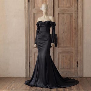 chinese dress ladies Mermaid Spaghetti Straps Sweep Train Black Satin Prom Dress US0 / Custom Color main image 0
