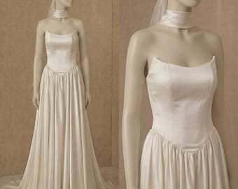 Drop waist wedding dress basque waist wedding dress Minimalist A-line wedding dress silk satin ball wedding gown Strapless dress (Alina)